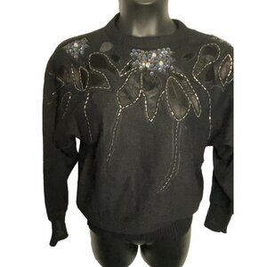 Vintage Dossi Black Size Large Dolman Sleeve Sweater Beaded Embellished